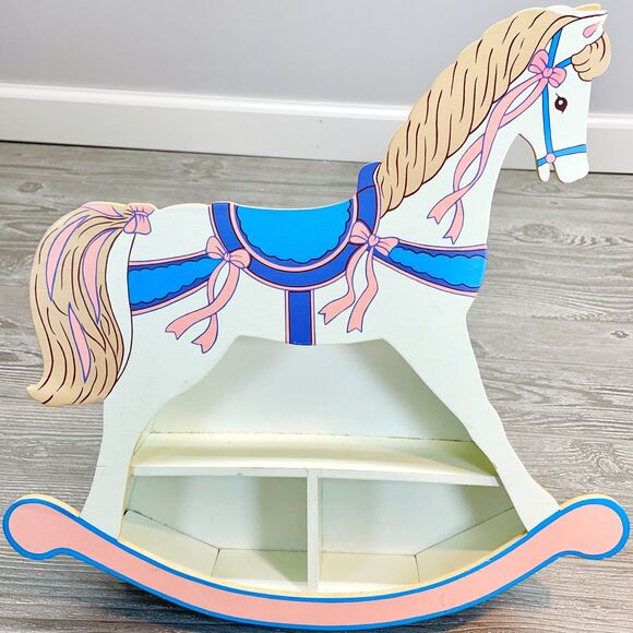 Rocking Horse Wall Hanging Nursery Shelf White Pink Blue by JSNY RARE Vintage - Picture 1 of 10